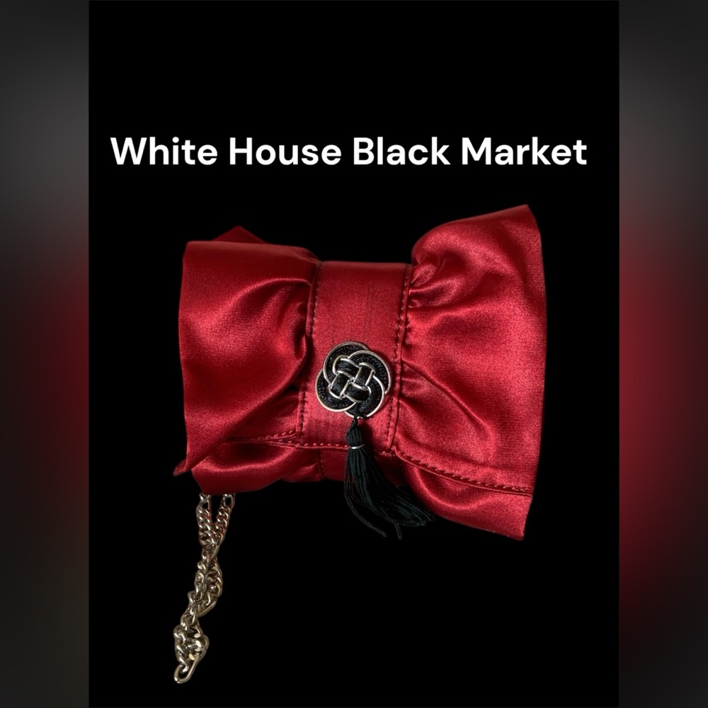 White House Black Market Red and Black Satin Clutch with Silver Hardware